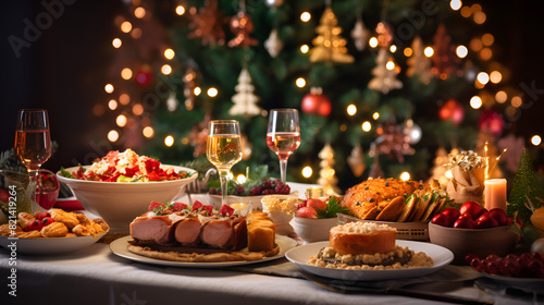 Festive Glow: Blurred Christmas Table with Background Lights Wallpaper, Christmas Cheer: Blurred Table Setting with Festive Background Lights, Holiday Elegance: Blurred Bliss Christmas Table with Glow © Chaudary