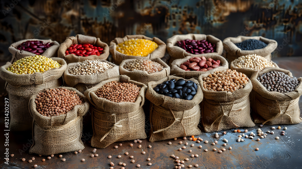 Fototapeta premium Assorted legumes in burlap sacks arranged on a rustic table. Perfect for food blogs, culinary publications, and health-oriented marketing materials.
