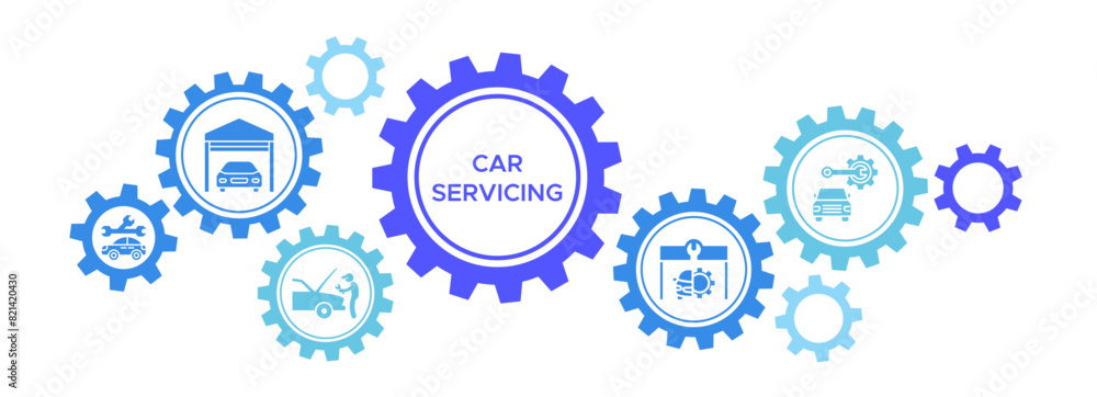 Car servicing banner web icon vector illustration concept featuring a garage, auto mechanic, service, repair, and maintenance icons