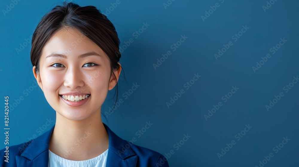 A modern stylish portrait of a professional woman smiling showing off her new braces on a blue background. A modern stylish portrait of a professional woman smiling showing off her new braces on a blue background.