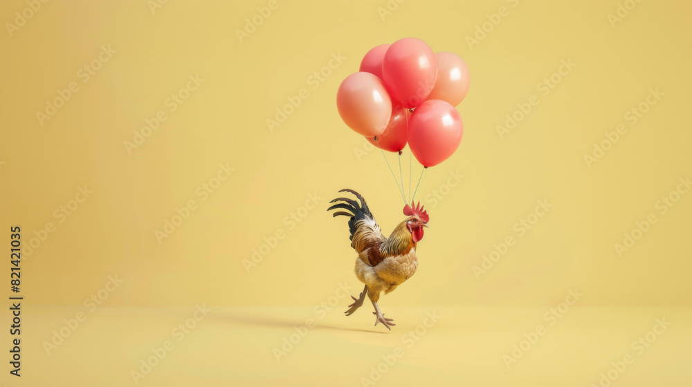 An abstract concept of Rooster floating with balloons on a yellow background