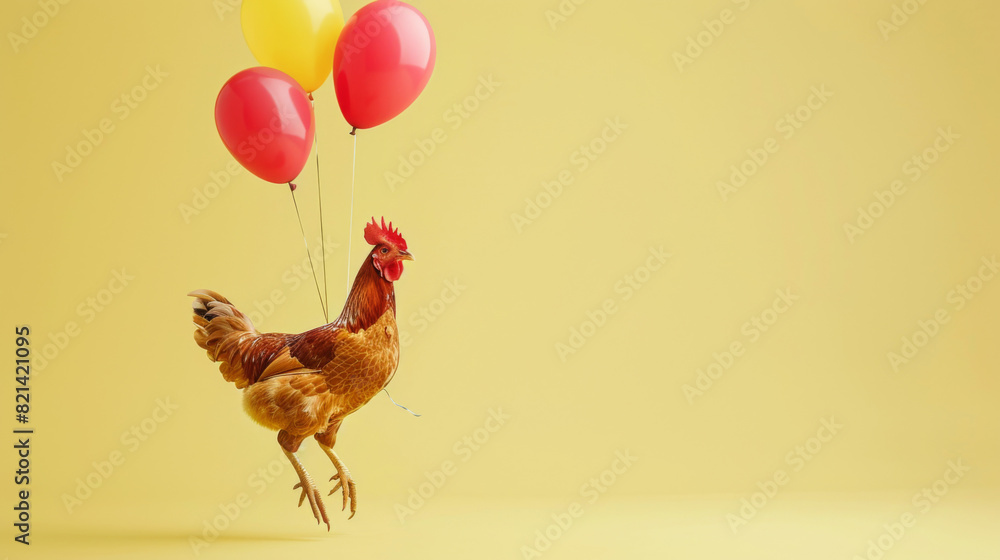 A wacky concept of a chicken floating with balloons on a yellow background
