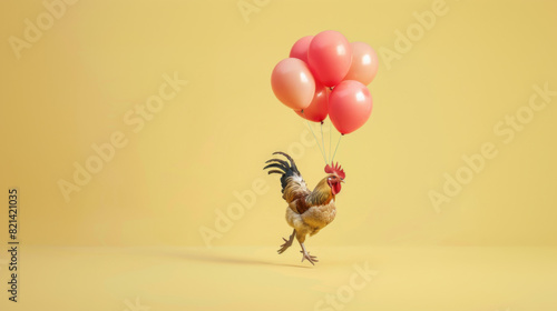 Obraz na płótnie An abstract concept of Rooster floating with balloons on a yellow background w salonie