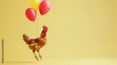 Obraz na płótnie A wacky concept of a chicken floating with balloons on a yellow background w salonie