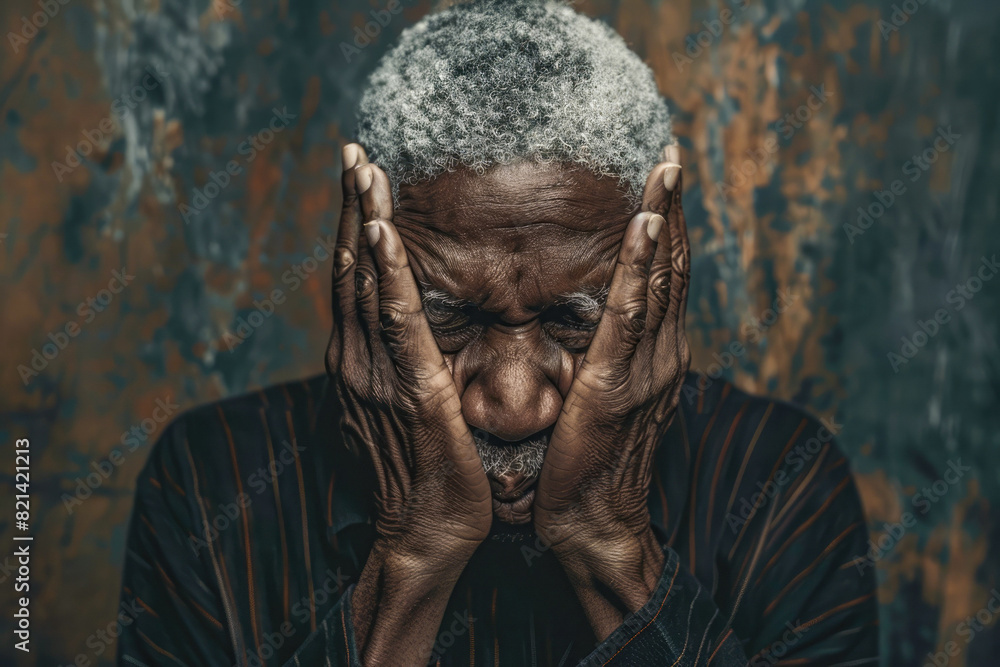 A portrait lonely elderly black ameri man in depression sits with his hands on his head in a room, embodying sadness and introspection. The scene conveys a deep sense of loneliness and thoughtfulness.