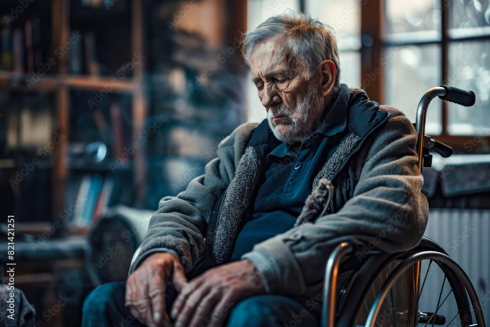 An elderly, sad, and tired man in a wheelchair sits alone in a room . The image captures a sense of depression and loneliness.