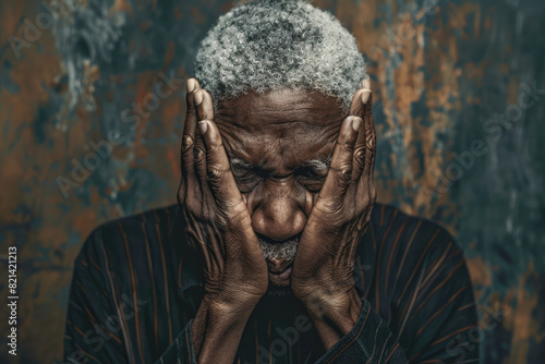 A portrait lonely elderly black ameri man in depression sits with his hands on his head in a room, embodying sadness and introspection. The scene conveys a deep sense of loneliness and thoughtfulness.