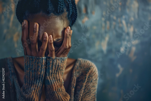 A sad young african american woman with her hands on her head in a portrait, embodying depression and loneliness. The photo conveys themes of sadness and introspective contemplation.