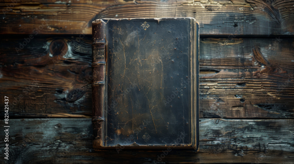 An old blank book with a weathered look on a wooden floor background