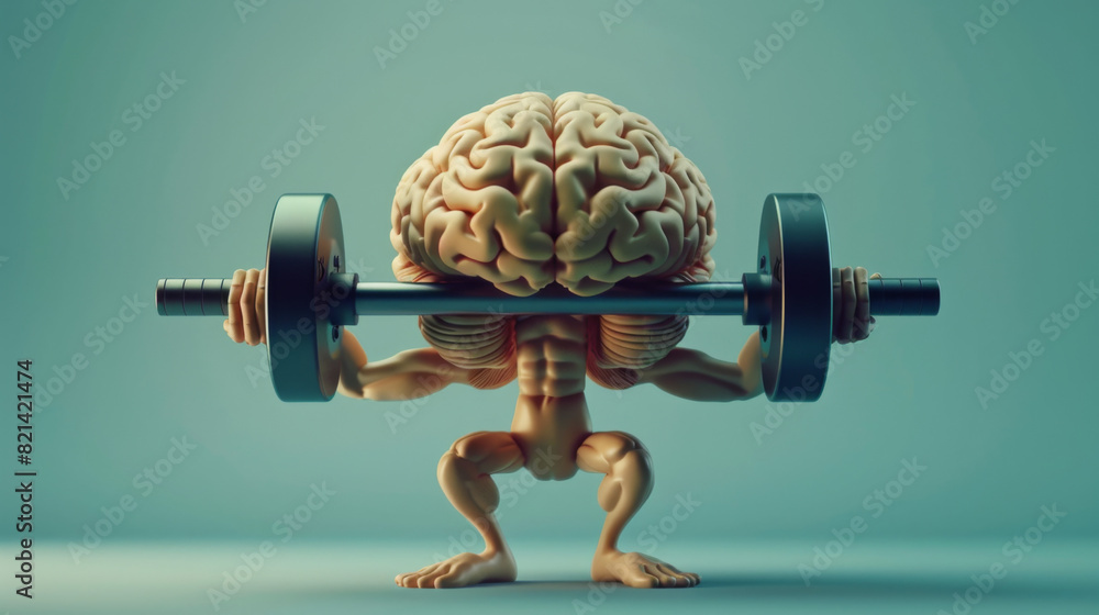 A fit cartoon brain doing weightlifting, mental strength concept