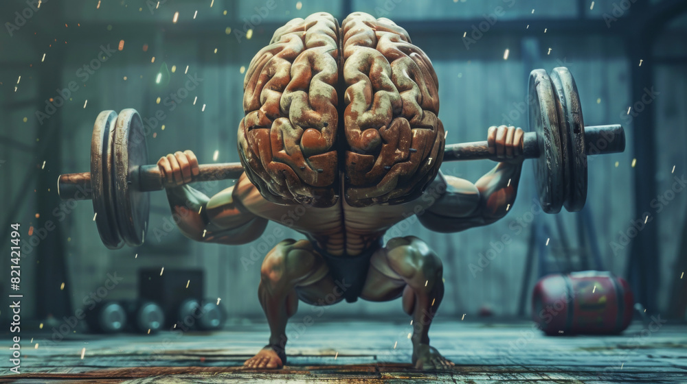 A fit brain doing weightlifting, mental strength concept
