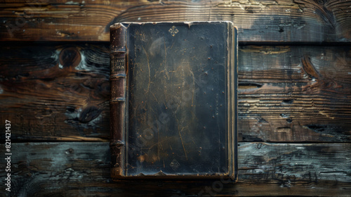 Obraz na płótnie An old blank book with a weathered look on a wooden floor background w salonie