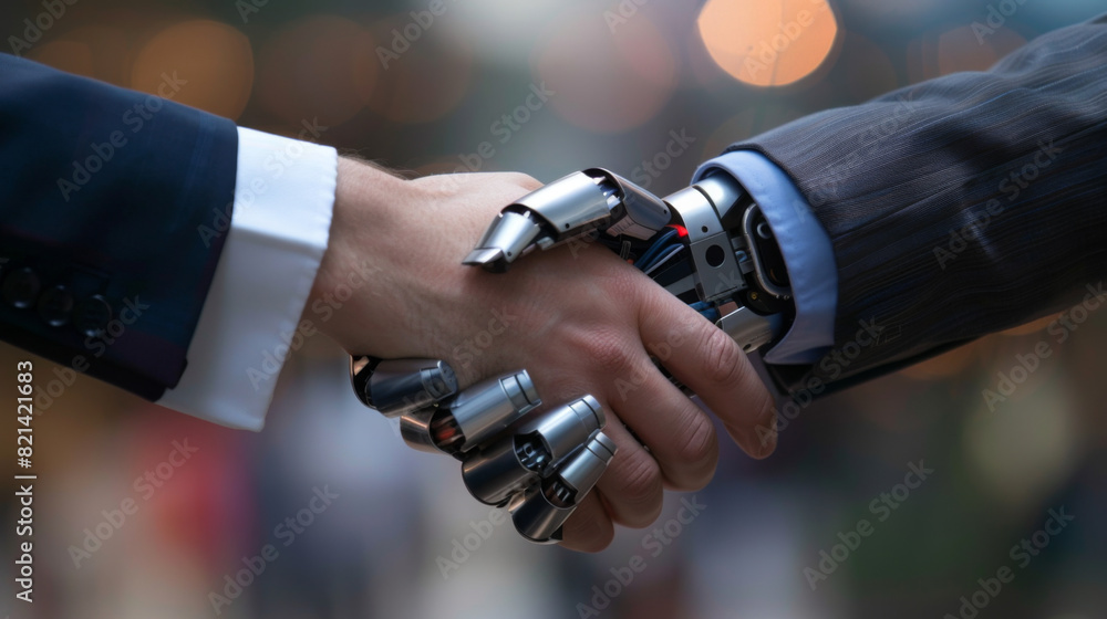 A business man and a robot shaking hands, closeup of hands