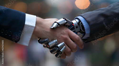 Obraz na płótnie A business man and a robot shaking hands, closeup of hands w salonie