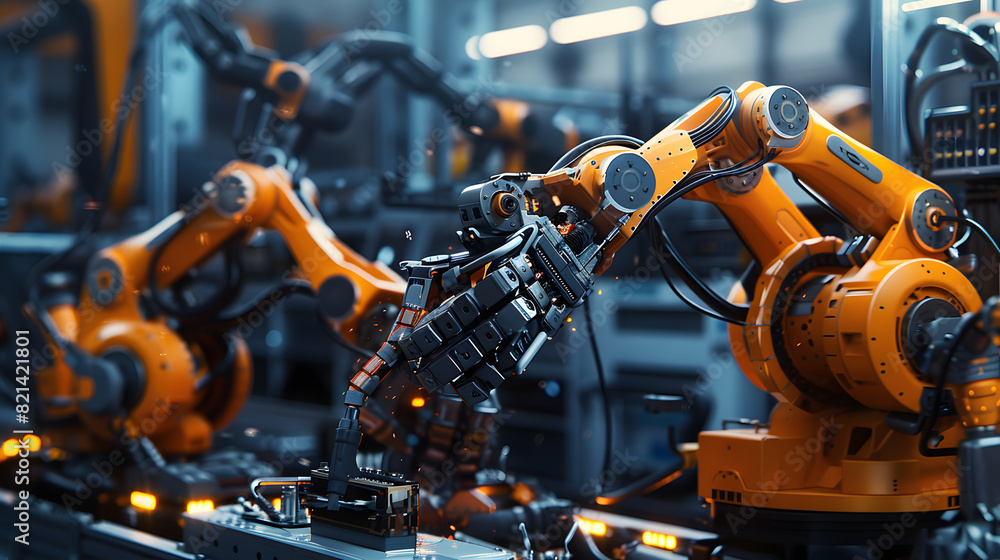 A robot is sitting on a workbench in a factory A robot is sitting on a workbench in a factory