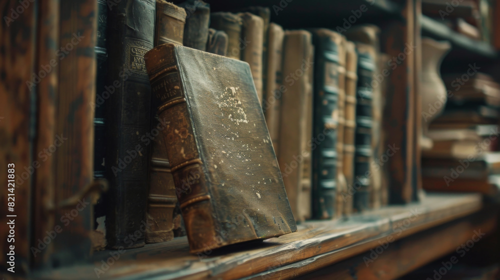 An old and worn vintage book leaning on a shelf