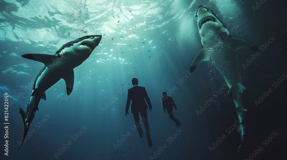 Business men swimming amongst great white sharks underwater, a business shark or loan shark concept