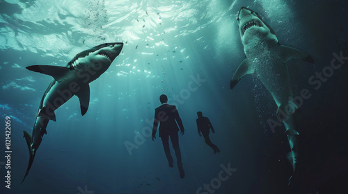 Obraz na płótnie Business men swimming amongst great white sharks underwater, a business shark or loan shark concept w salonie