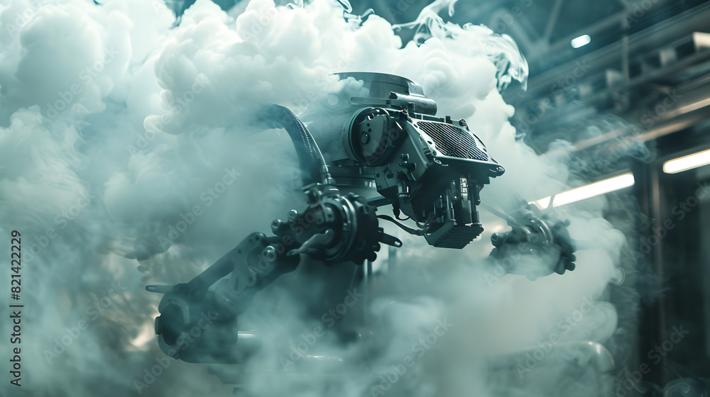 A robot is surrounded by a cloud of smoke
