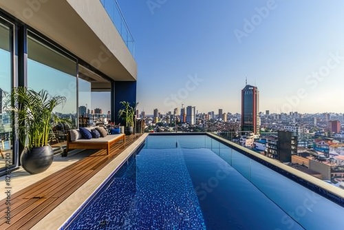 Rooftop pool with a panoramic city view