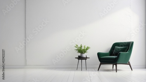 minimalist room with green chair on white empty wall texture background