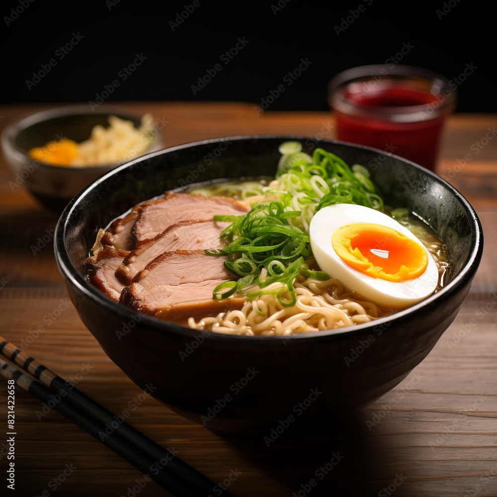 Delicious bowl of ramen with sliced meat, soft-boiled egg, green onions, and chopsticks on a wooden table with drinks in the background. Delicious bowl of ramen with sliced meat, soft-boiled egg, green onions, and chopsticks on a wooden table with drinks in the background.