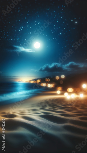 Nighttime Beach Scene With Full Moon and Blurred Background Lights