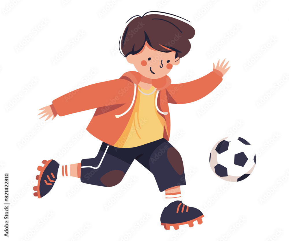 Child playing in soccer, boy run with ball. Happy kid running and kicking ball. Football active training. Vector flat illustration Child playing in soccer, boy run with ball. Happy kid running and kicking ball. Football active training. Vector flat illustration