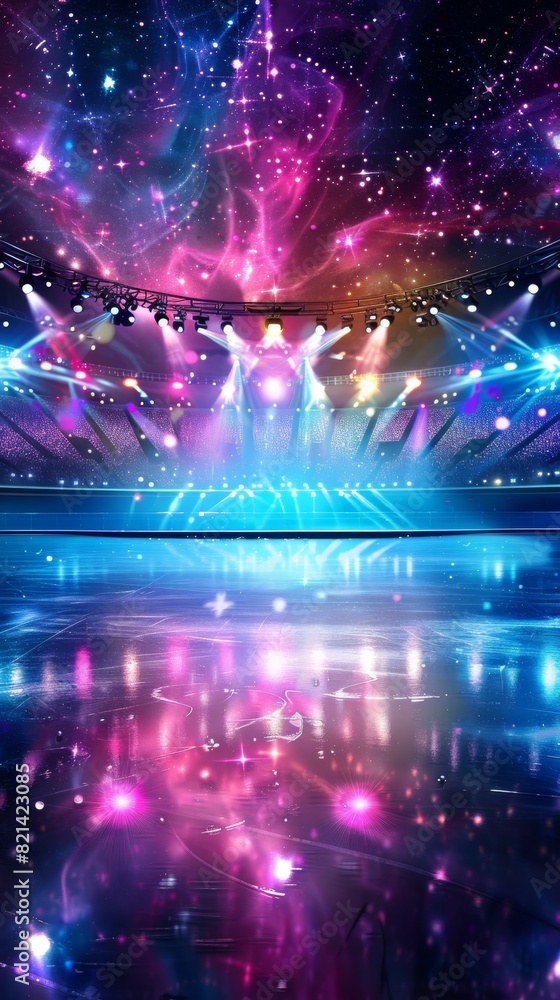 A skating rink illuminated with bright colorful lights and stage reflections. Ice Rink Background. A skating rink illuminated with bright colorful lights and stage reflections. Ice Rink Background.