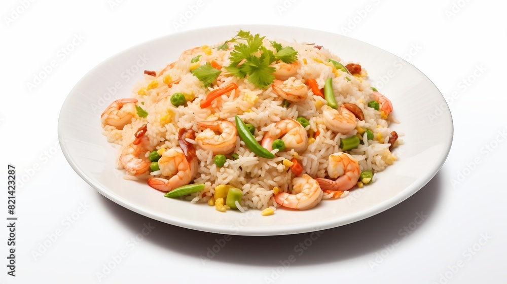 Delicious shrimp fried rice served on a white plate with vegetables and garnished with fresh parsley, perfect for a tasty meal.