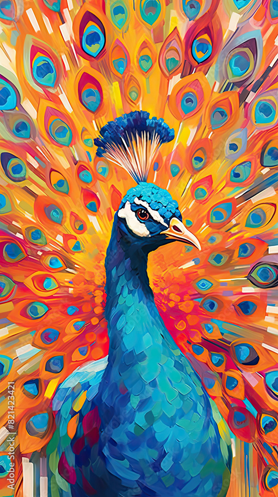 Fototapeta premium Artwork Created using Generative AI: Colorful, Cute, and Upscaled Friends, Featuring Fantasy Art and Adorable Monsters with Unique Charm. Peacock feather close up. Colorful feathered friend.