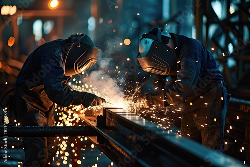 Steelworkers welding metal structures photo