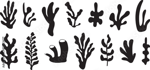 Seaweed silhouettes, coral black icon. Abstract organic shape, underwater plant, matisse element, cute sea doodle. Cartoon marine floral set isolated on white background. Simple vector illustration
