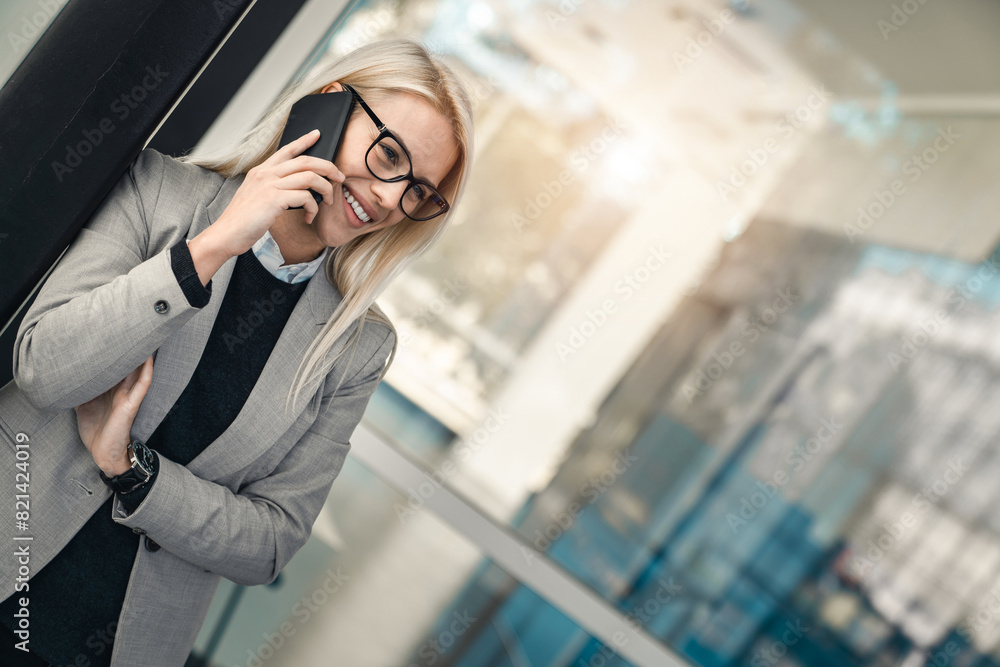 Business woman, phone call and laugh in an office for consulting, chat to contact and networking. Business woman, phone call and laugh in an office for consulting, chat to contact and networking.