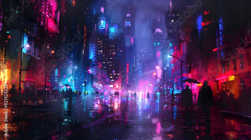 digital painting of city at night with colorful lights.
