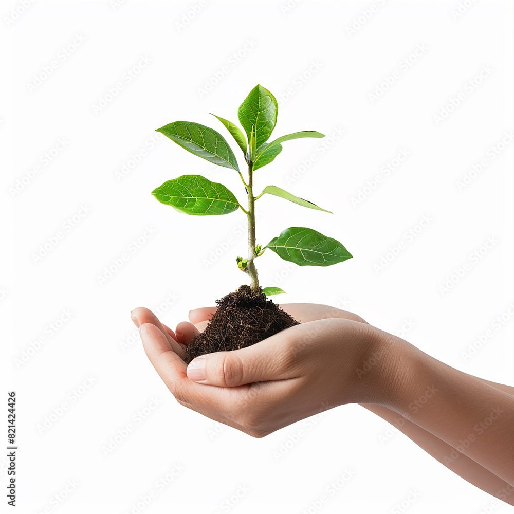 Photo of human hands holding a small plant with a white background Photo of human hands holding a small plant with a white background