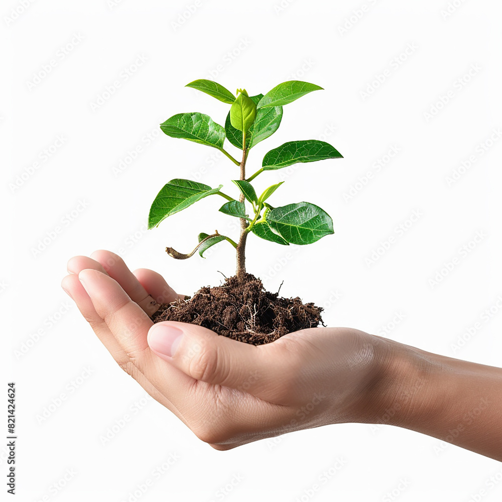 Photo of human hands holding a small plant with a white background