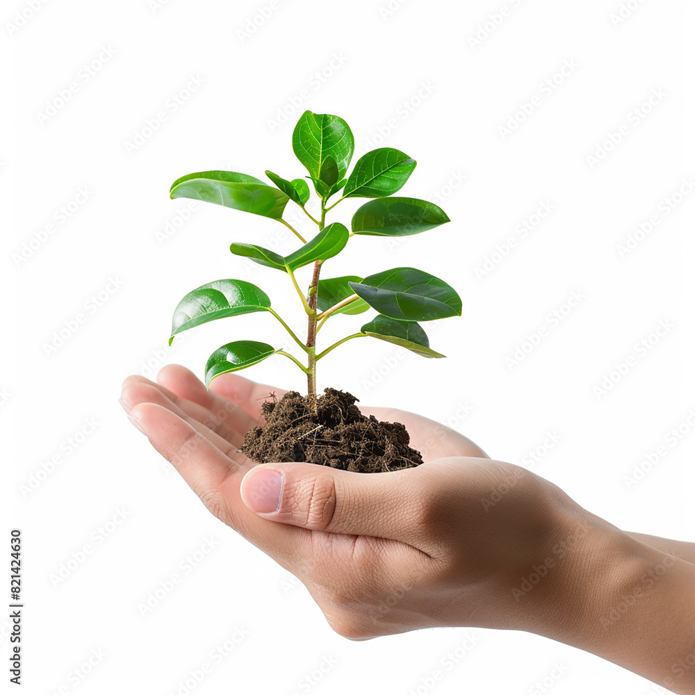 Photo of human hands holding a small plant with a white background Photo of human hands holding a small plant with a white background