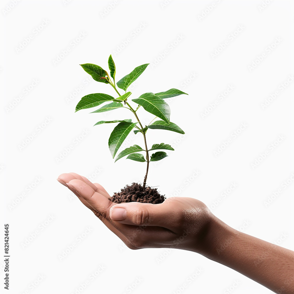 Photo of human hands holding a small plant with a white background Photo of human hands holding a small plant with a white background