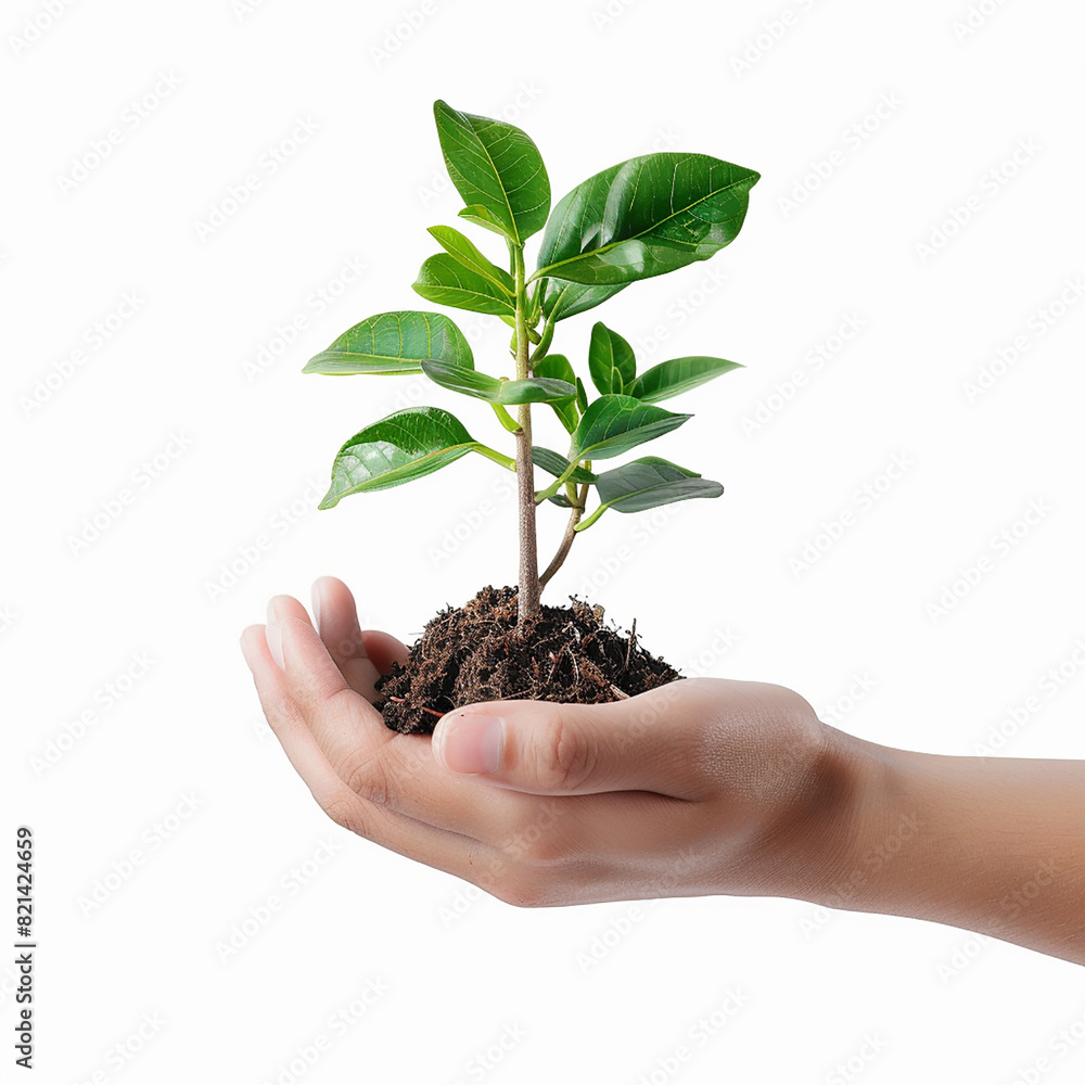 Photo of human hands holding a small plant with a white background Photo of human hands holding a small plant with a white background