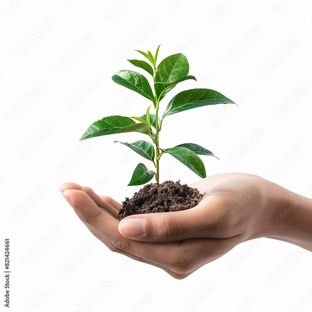 Photo of human hands holding a small plant with a white background Photo of human hands holding a small plant with a white background