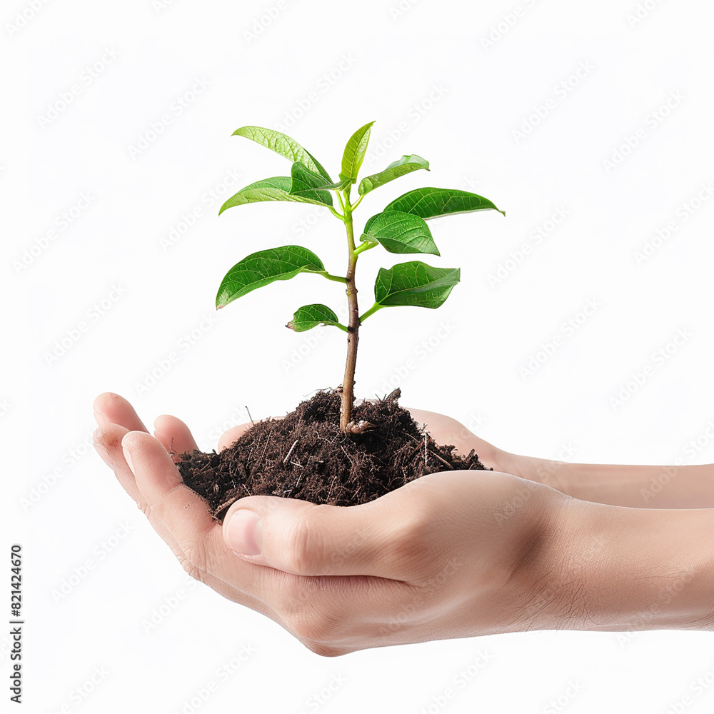 Photo of human hands holding a small plant with a white background Photo of human hands holding a small plant with a white background