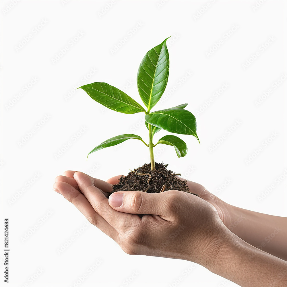 Photo of human hands holding a small plant with a white background Photo of human hands holding a small plant with a white background