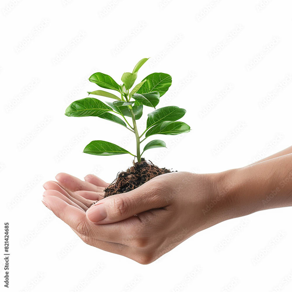 Photo of human hands holding a small plant with a white background Photo of human hands holding a small plant with a white background