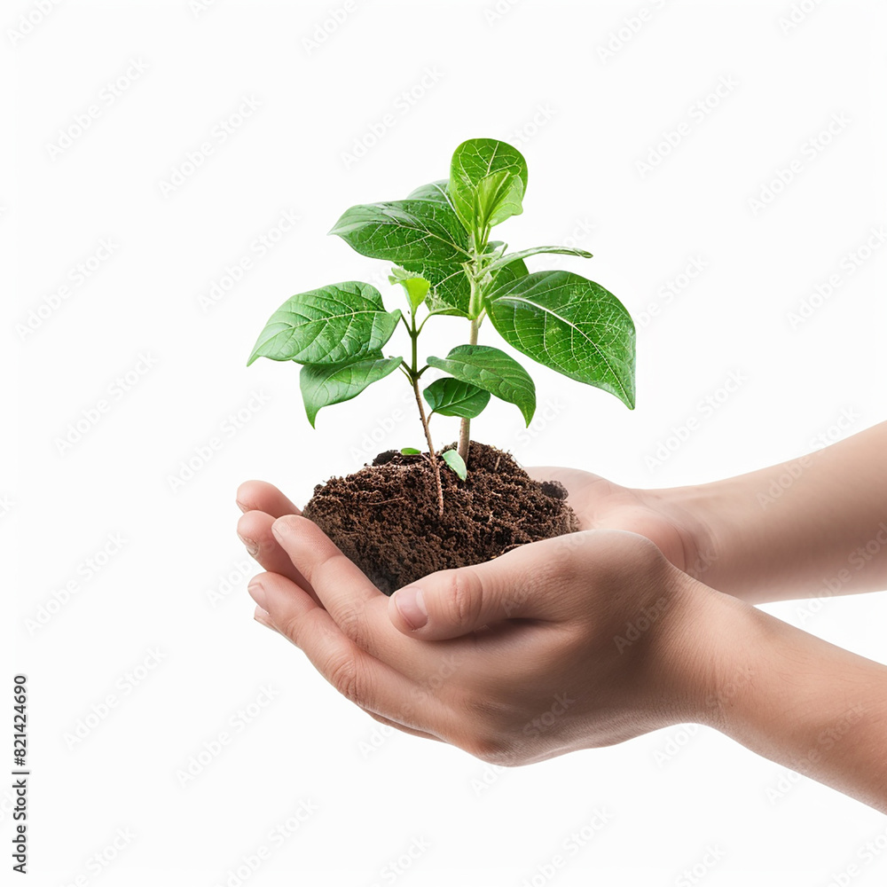 Photo of human hands holding a small plant with a white background Photo of human hands holding a small plant with a white background