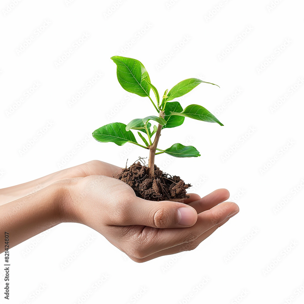 Photo of human hands holding a small plant with a white background Photo of human hands holding a small plant with a white background