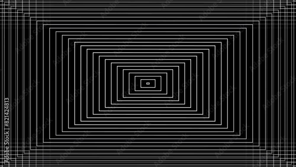 Trippy rectangle tunnel abstract white on black. Shiny retro abstract background or design element. Trippy rectangle tunnel abstract white on black. Shiny retro abstract background or design element.