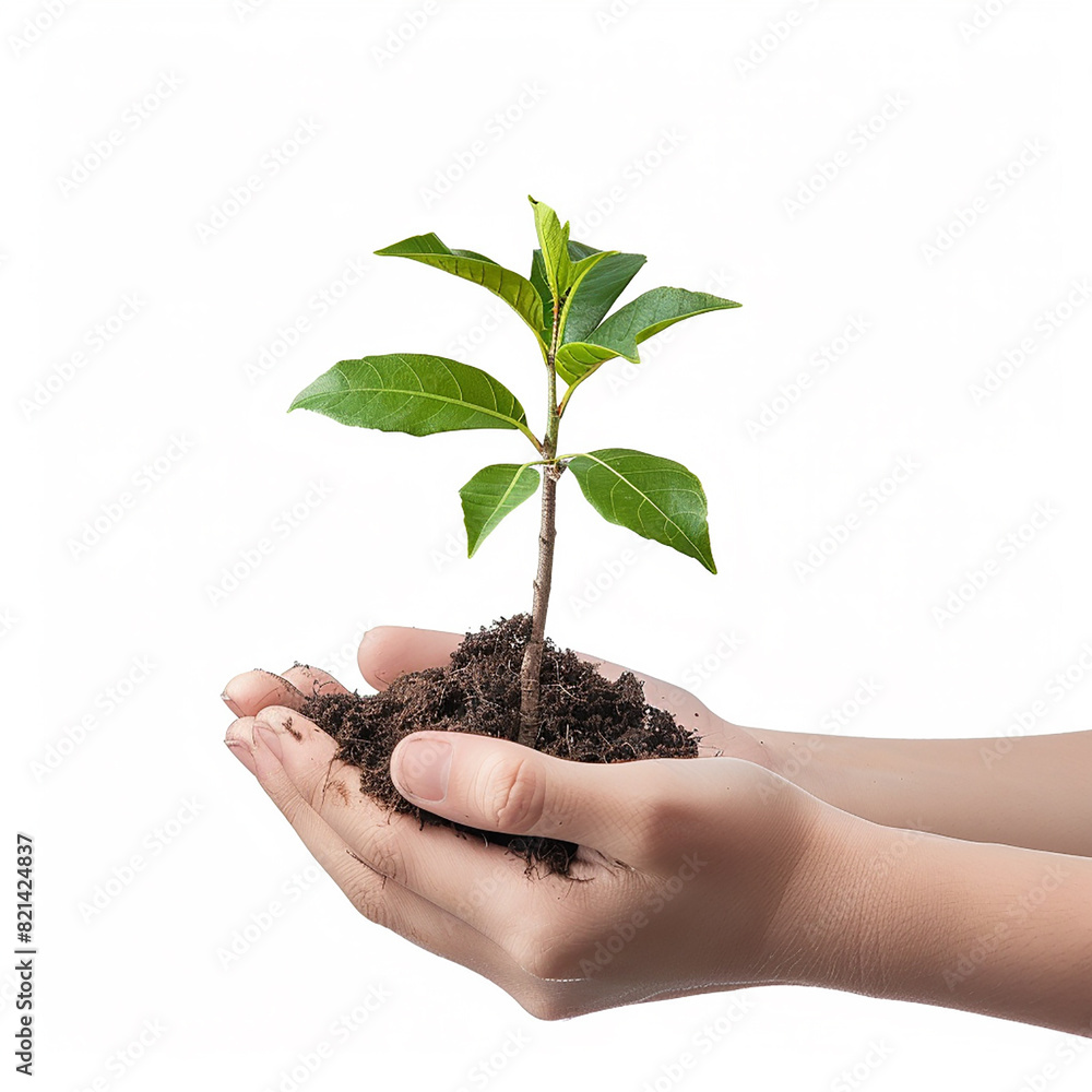 Photo of human hands holding a small plant with a white background Photo of human hands holding a small plant with a white background