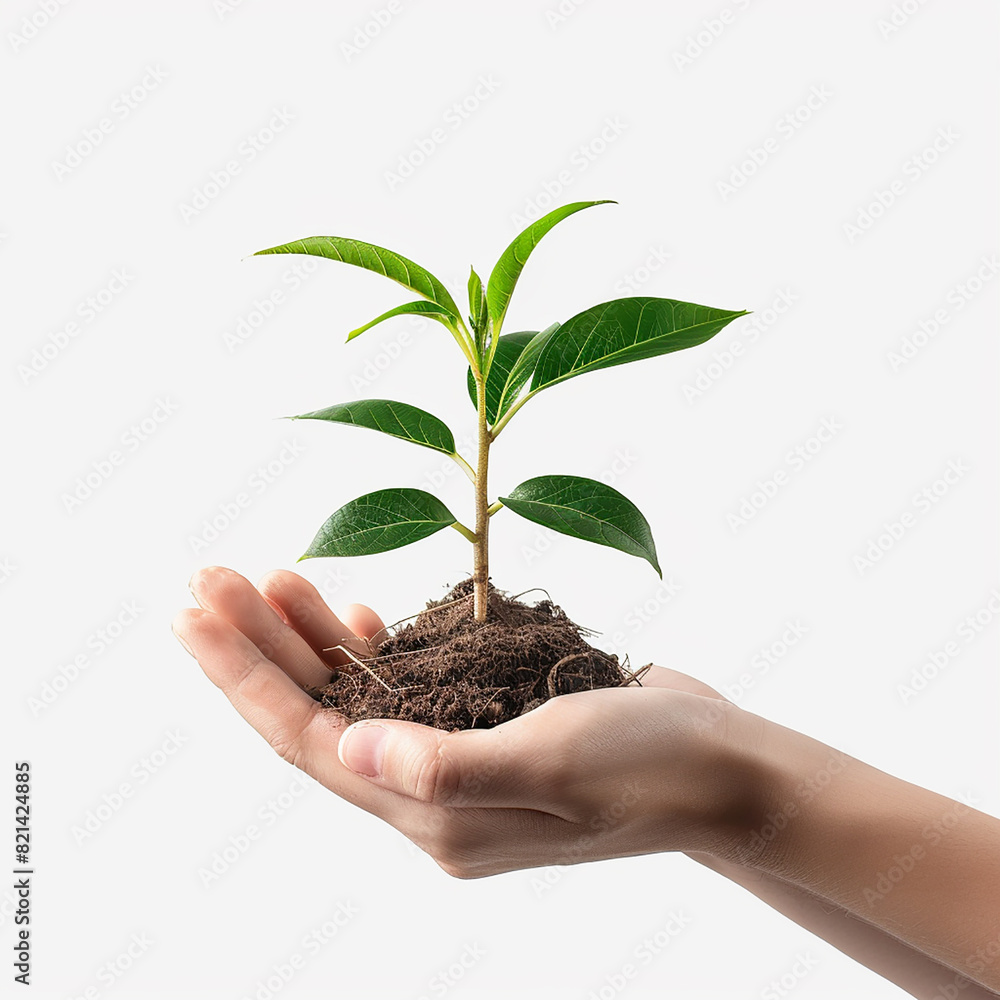Photo of human hands holding a small plant with a white background Photo of human hands holding a small plant with a white background