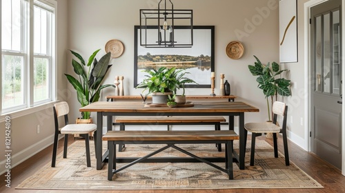 shot of a dining room the bench  chairs and wooden table against the beige wall with the poster frame. generative ai